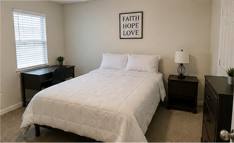 Private bedroom with one full-size bed and plain white bedding